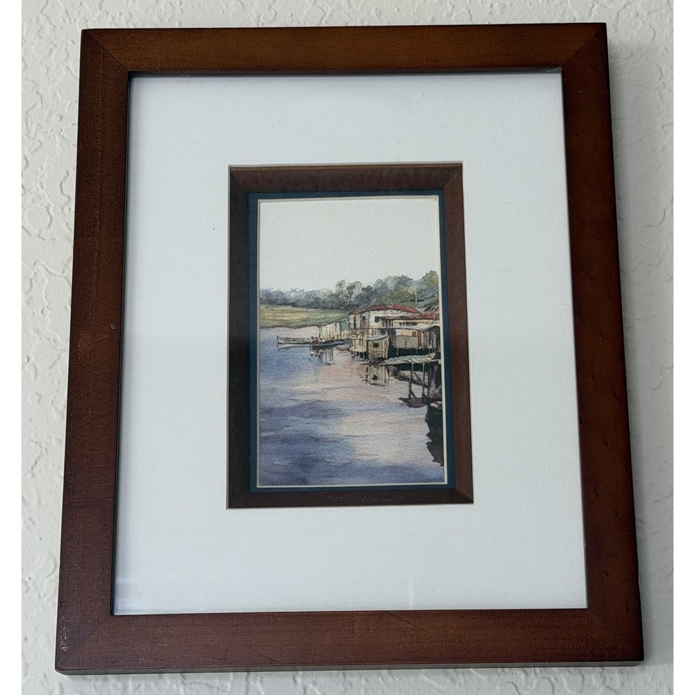 Watercolor Painting Original Art Lopez Baylon Signed Framed Landscape Boat Dock